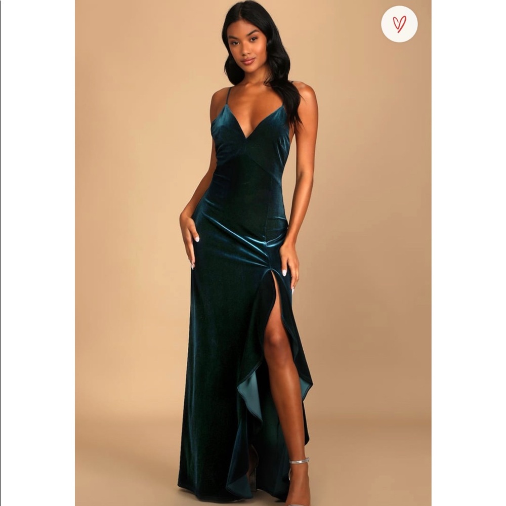 Lulus Dark Teal Velvet Ruffled Maxi Dress